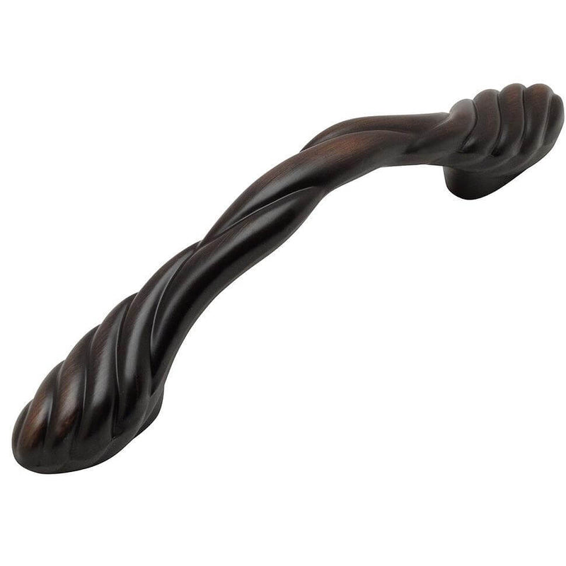 Twist engraved oil rubbed bronze drawer pull with three and three quarters inch hole spacing