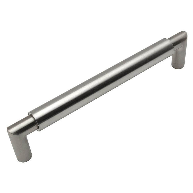 Double cylinder design drawer pull in satin nickel finish