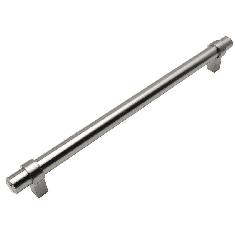 Satin nickel euro style bar pull with eight and seven eighths inch hole spacing