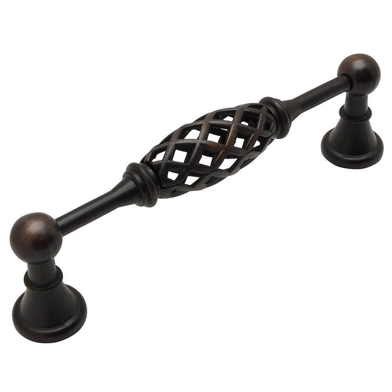 Oil rubbed bronze drawer pull with five inch hole spacing and birdcage design