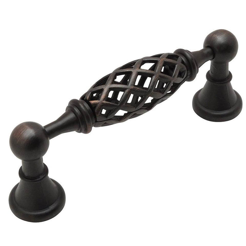 Center birdcage cabinet pull in oil rubbed bronze with three and three quarters inch hole spacing