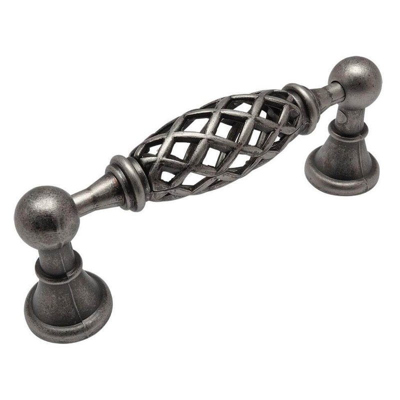 Weathered nickel center birdcage cabinet handle with three and three quarters inch hole spacing