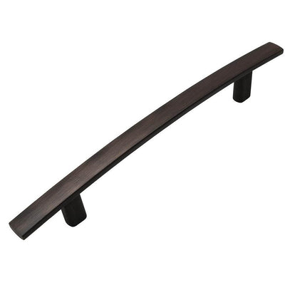 Seven and a half inch hole spacing cabinet pull in oil rubbed bronze finish with subtle arch design