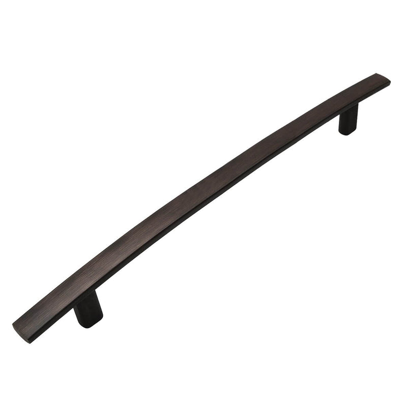 Oil rubbed bronze subtle arched cabinet pull with eight and seven eighths inch hole spacing