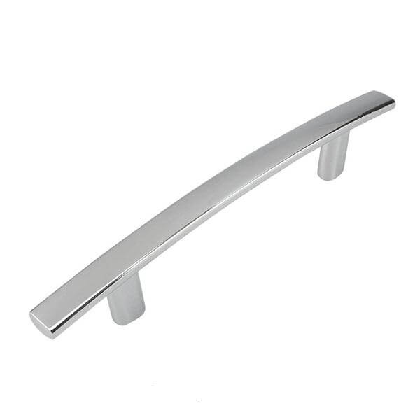 Polished chrome flat cabinet handle with subtle arch design