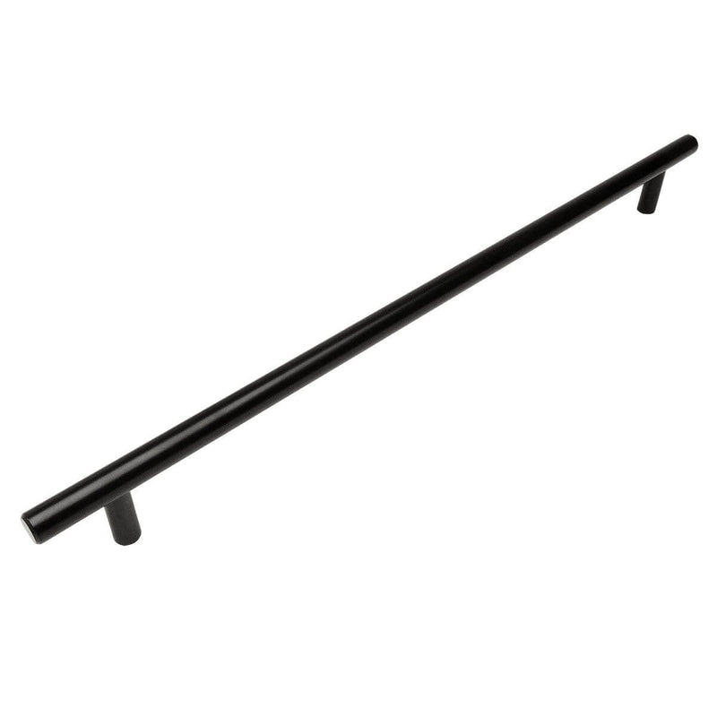Flat black euro style bar pull with twenty six and a half inch hole spacing