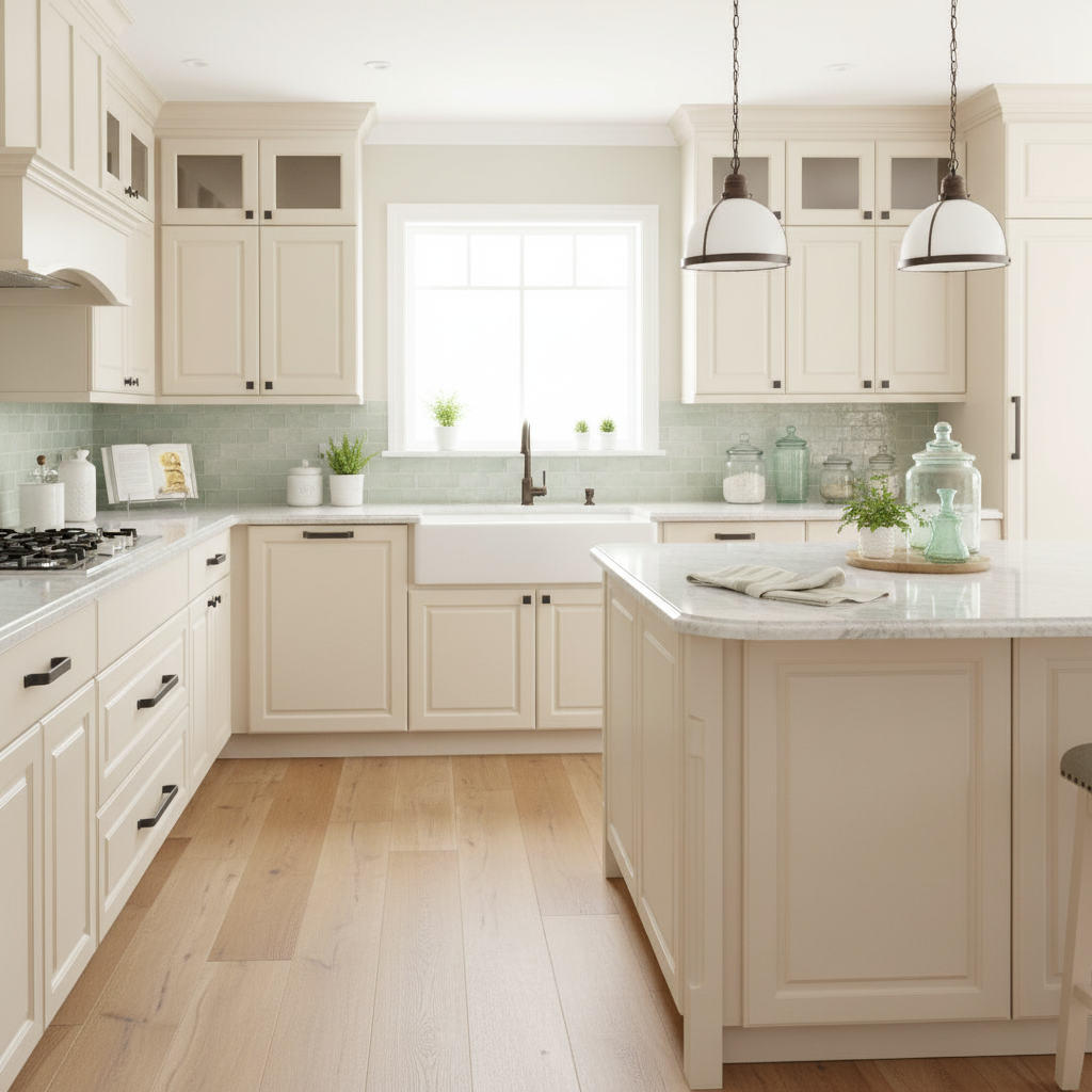 Close-up of a black cabinet handle on beige cabinets with a gray countertop.