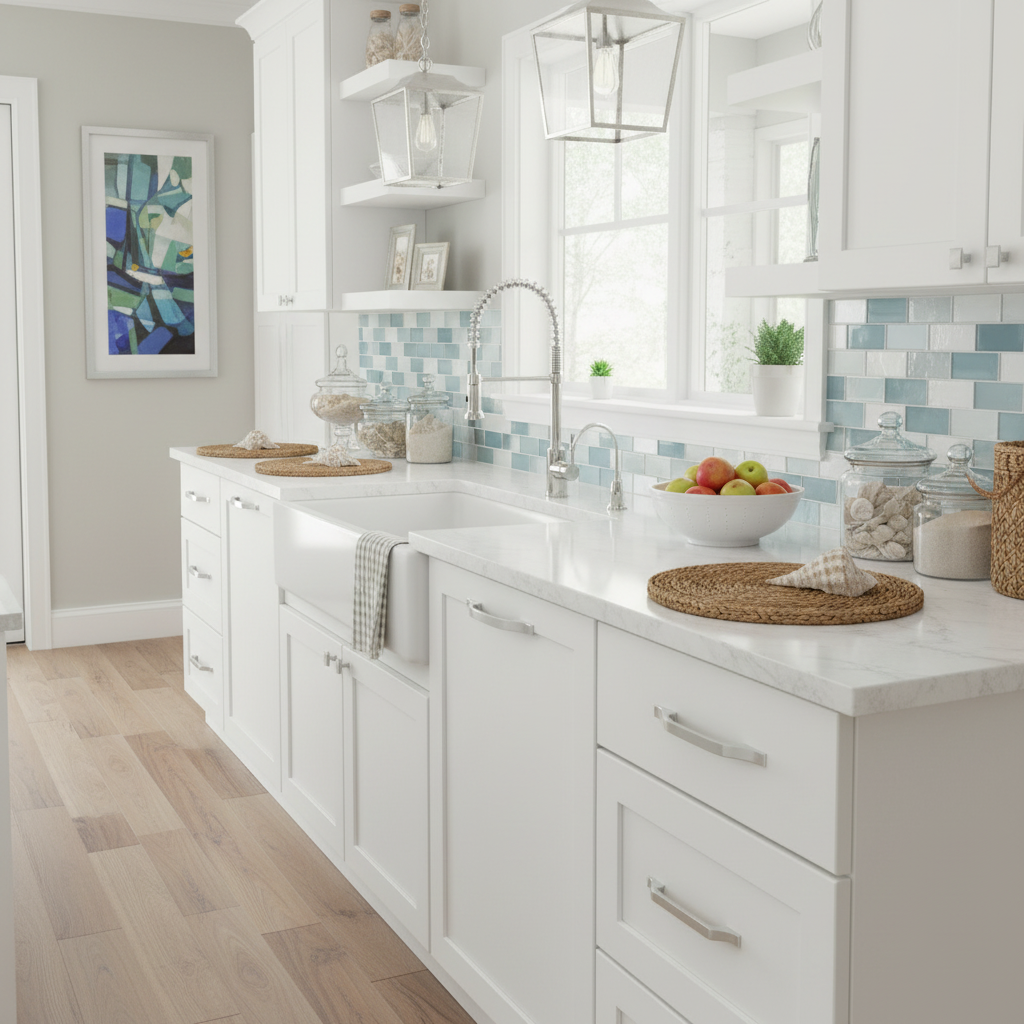 Close-up of a kitchen cabinet in polished chrome finish on a coastal kitchen cabinet