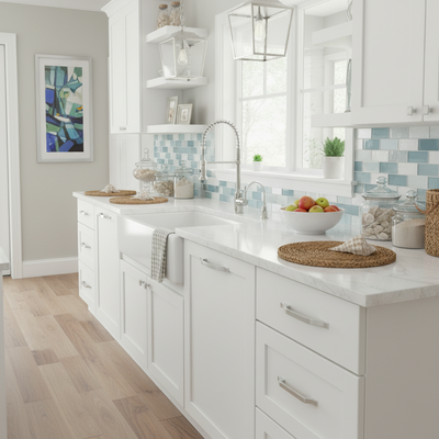 Close-up of a kitchen cabinet in polished chrome finish on a coastal kitchen cabinet