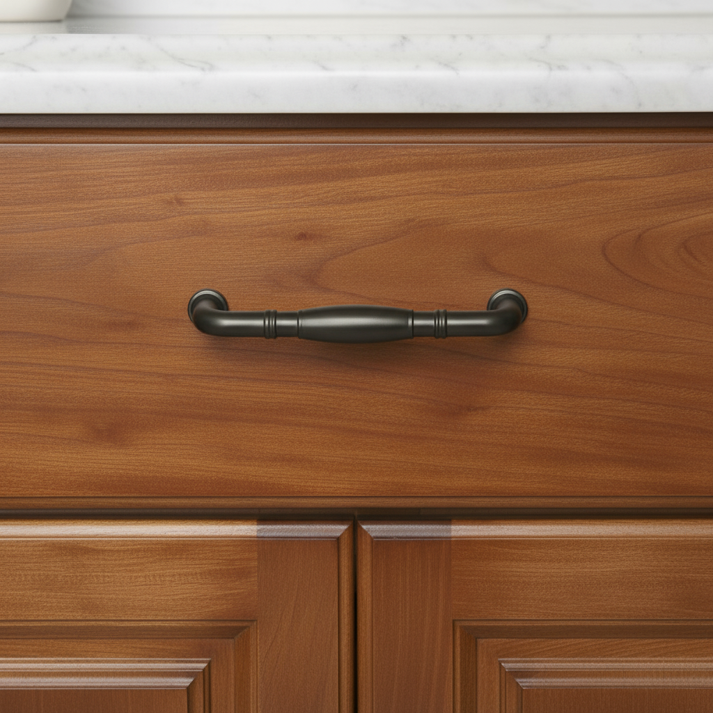 Wooden cabinet with a graphite gray handle on a white marble countertop