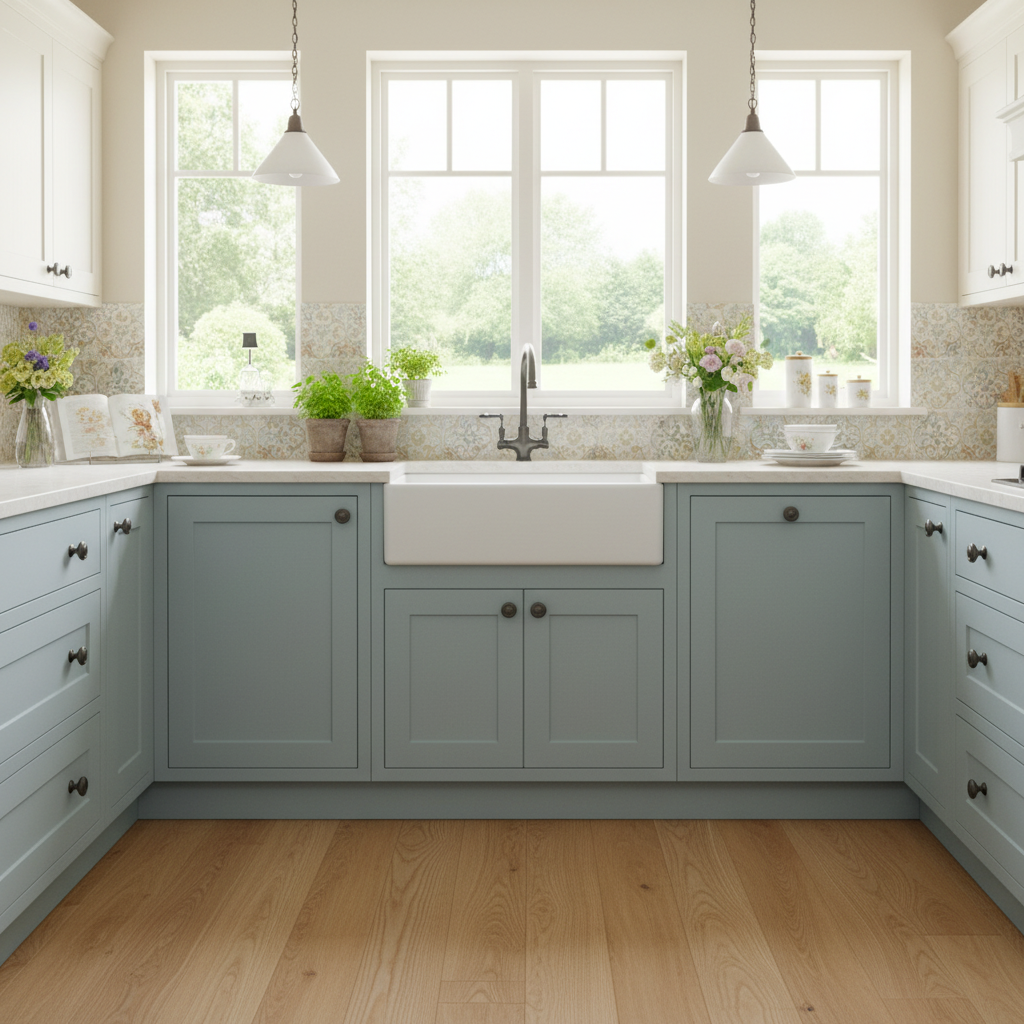 A graphite round cabinet knob installed on an English Garden Kitchen with soft blue cabinets and white fixtures.