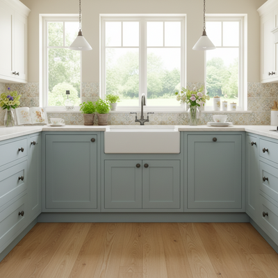 A graphite round cabinet knob installed on an English Garden Kitchen with soft blue cabinets and white fixtures.