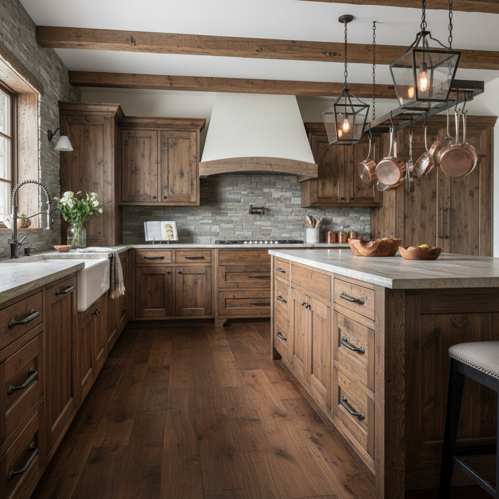 graphite cabinet pulls in a rustic alpine kitchen with wooden cabinets, stone backsplash, and island.