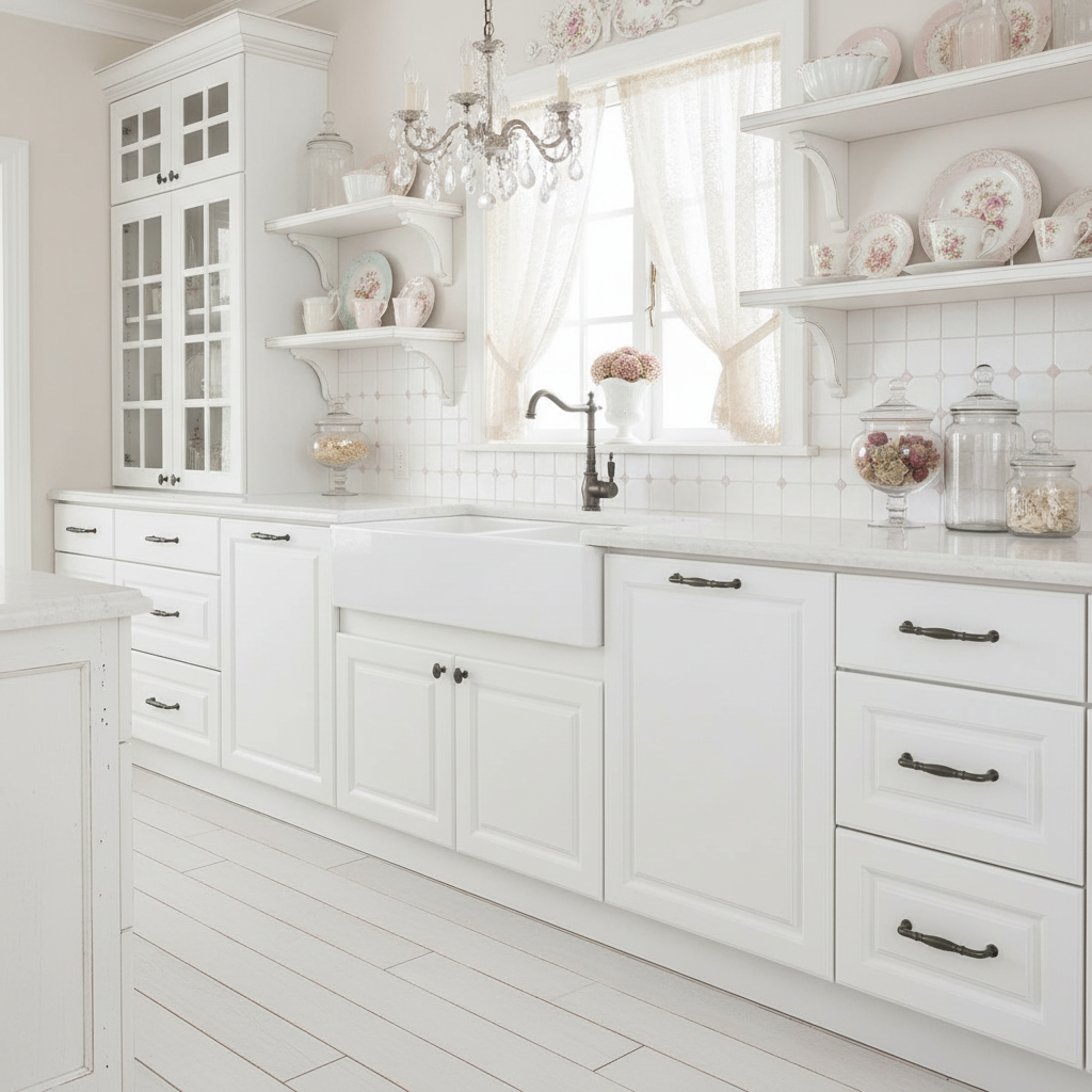White kitchen with tiled backsplash, cabinets, and decorative items and graphite barrel cabinet pulls.