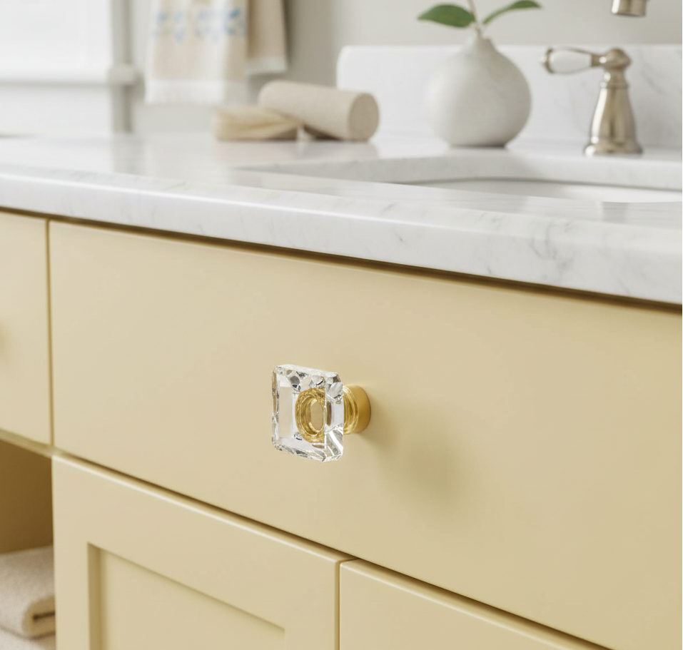 Cosmas 6377BB-C Brushed Brass &amp; Clear Glass Square Cabinet Knob
