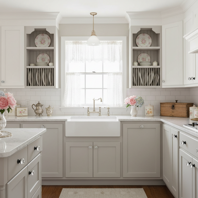 clear glass cabinet knobs on a gray french country kitchen 

