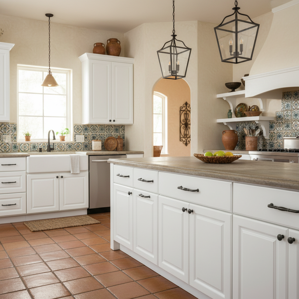 Unique graphite cabinet pulls in a pretty kitchen with white cabinets, tiled floor, and decorative elements.