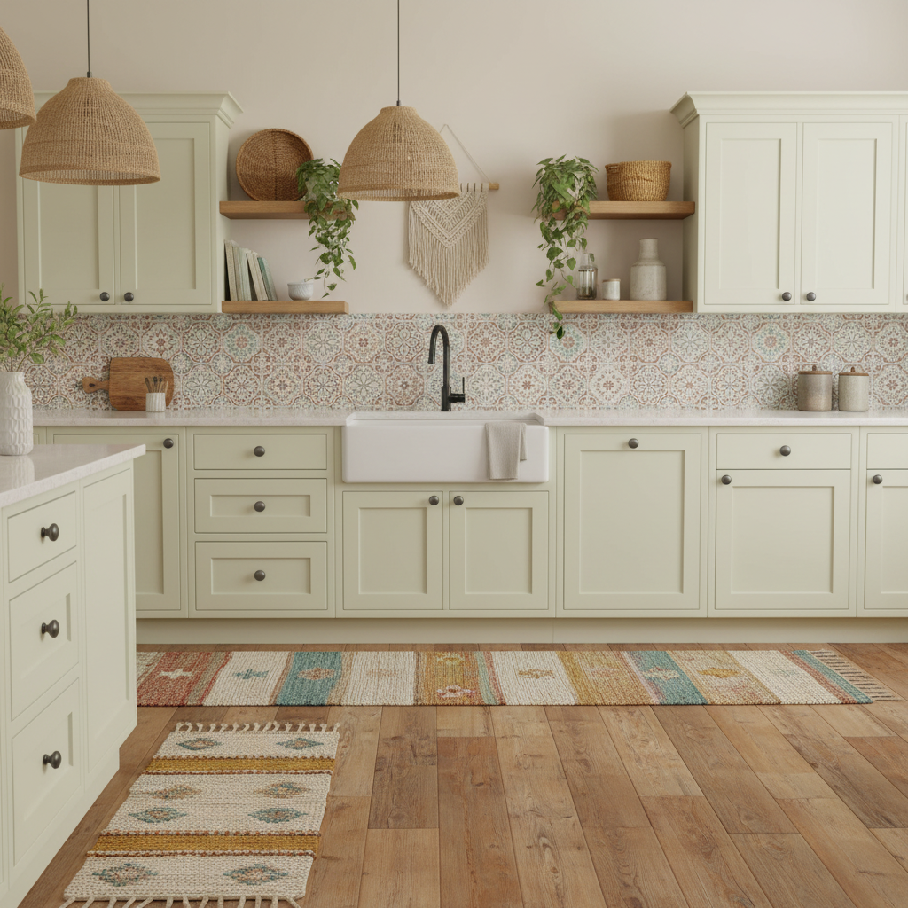 Boho style kitchen with graphite cabinet knobs on a light green cabinets, wooden floors, and decorative rugs.