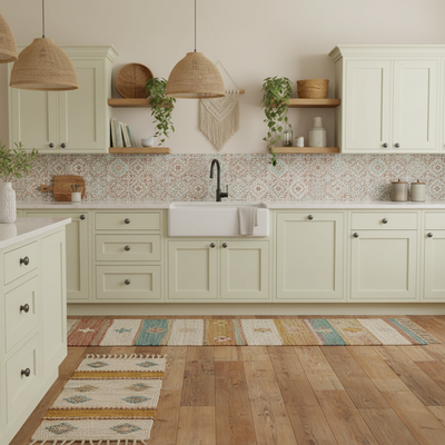 Boho style kitchen with graphite cabinet knobs on a light green cabinets, wooden floors, and decorative rugs.
