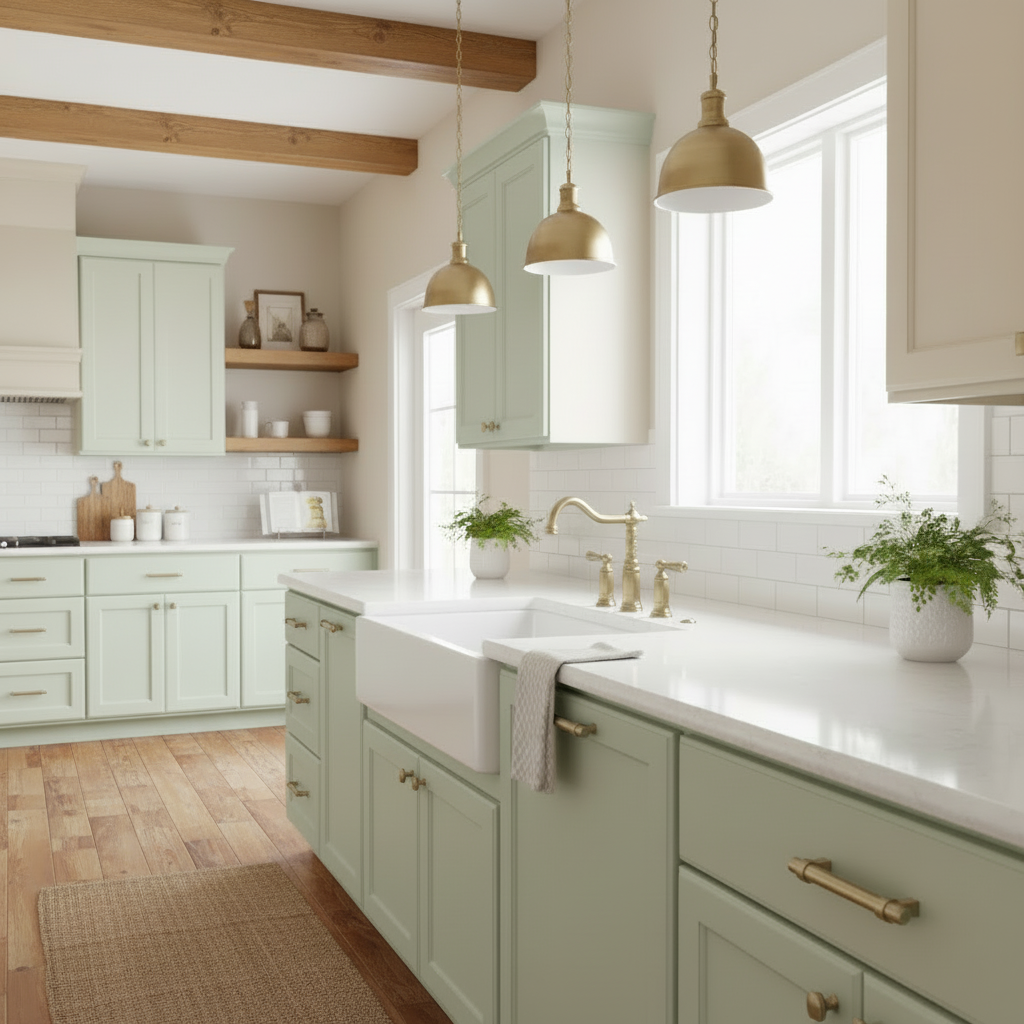 Modern kitchen with white cabinets, marble countertops, and gold fixtures.