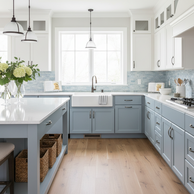 Modern kitchen with white and gray cabinets, a sink, and decorative elements.