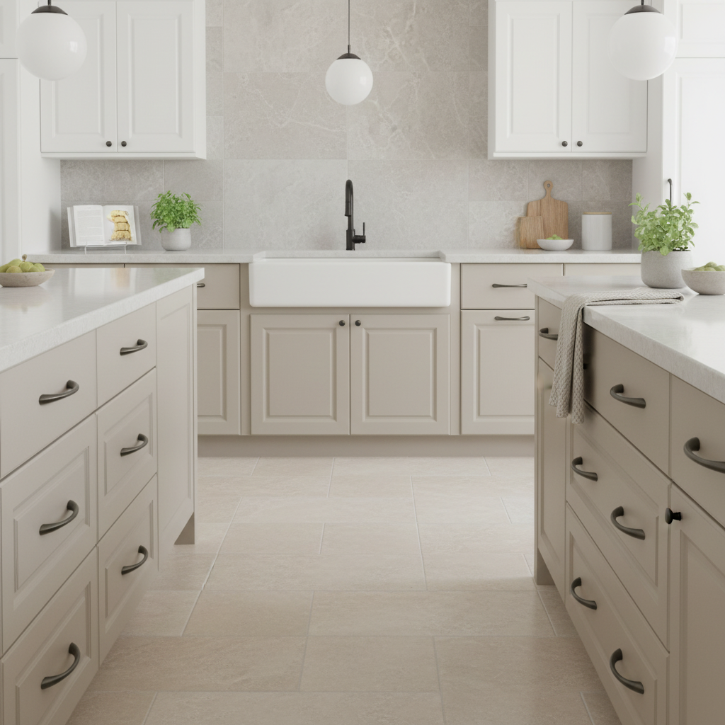Spa like kitchen with graphite gray arched cabinet pulls on a taupe colored cabinet