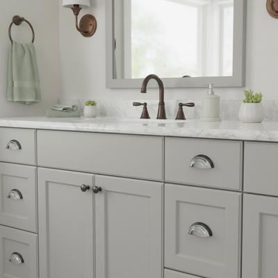 Glass cabinet cup pulls on a soft gray  vanity, marble countertop, and bronze fixtures.