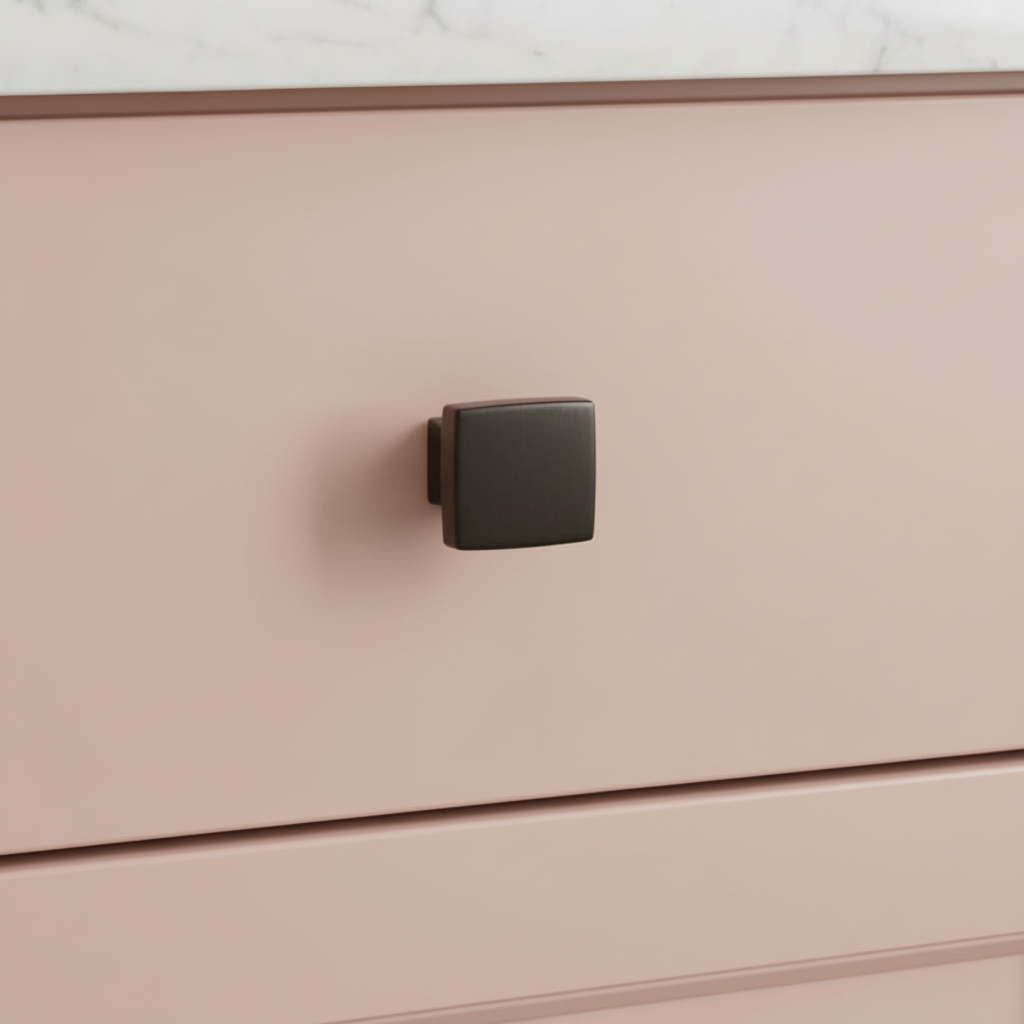 Close-up of a pink drawer with a oil rubbed bronze kitchen handle