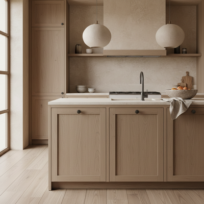  Graphite cabinet knob installed in a Belgian kitchen with wooden cabinets and a neutral color palette