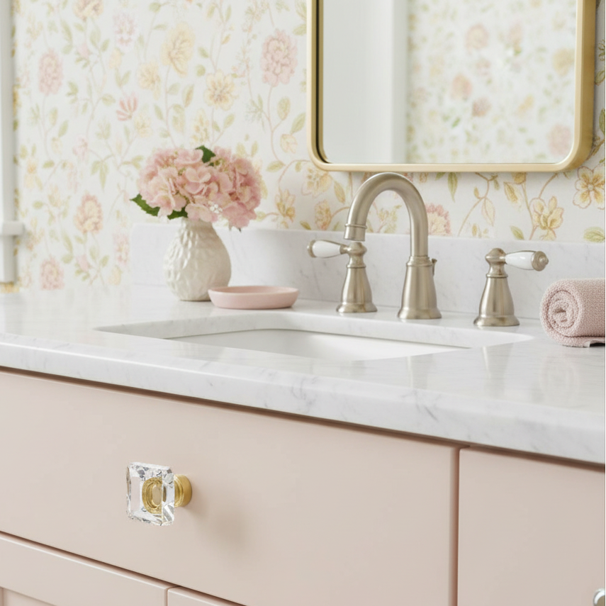 Cosmas 6377BB-C Brushed Brass &amp; Clear Glass Square Cabinet Knob