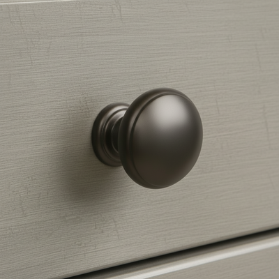 Graphite cabinet knob on a wood drawer face. 