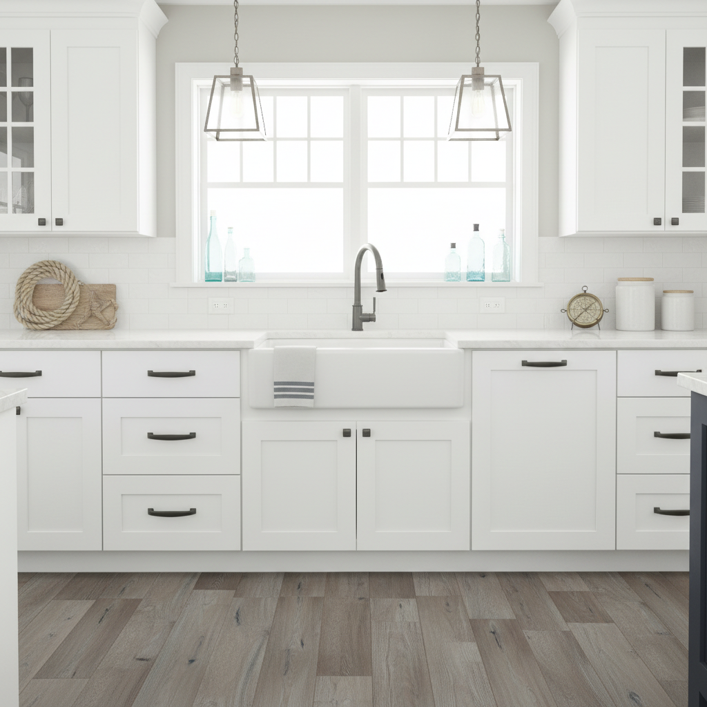 Graphite gray cabinet pulls in a white kitchen with wooden flooring