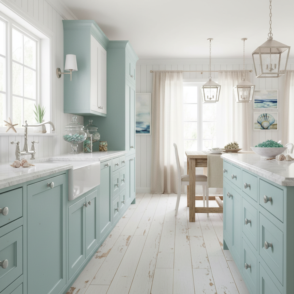 chrome handle on blue kitchen cabinets