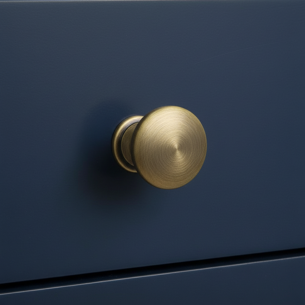 Brushed antique brass round door handle on a navy blue door