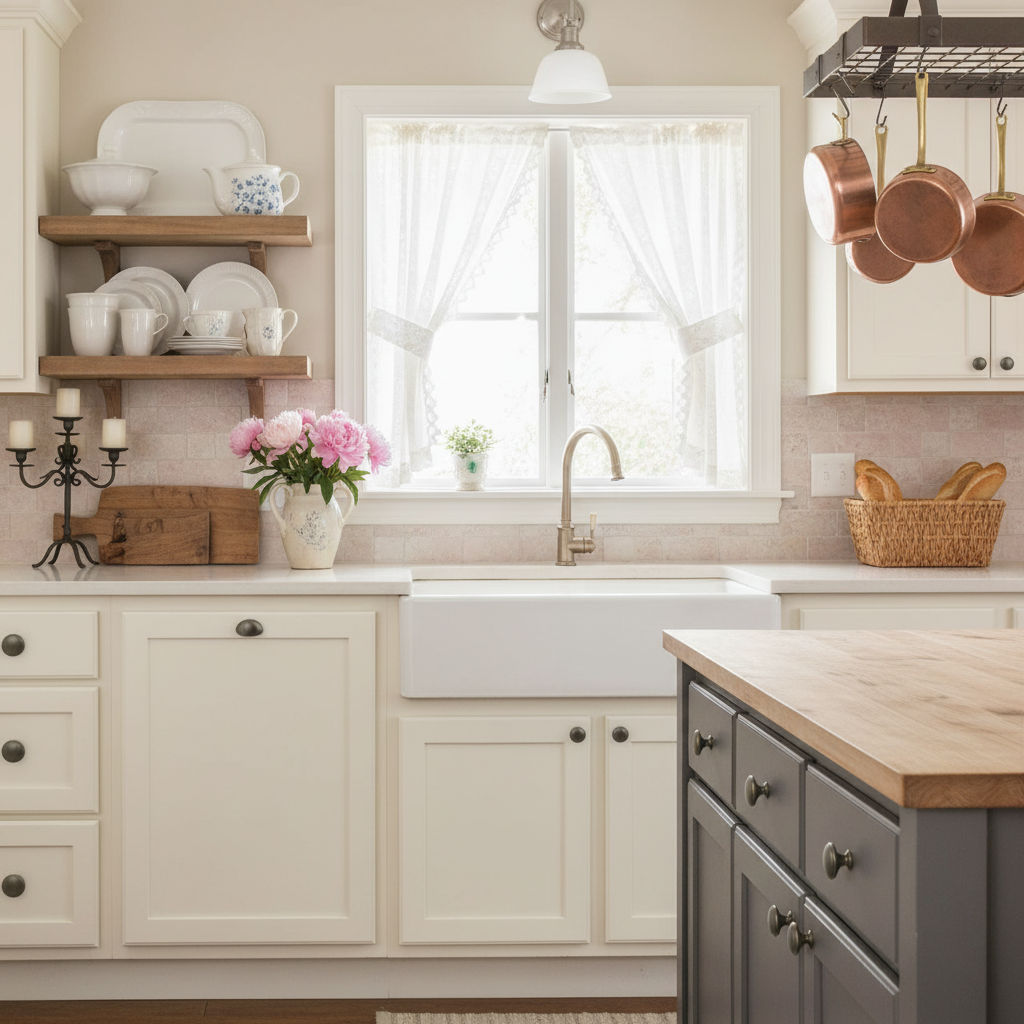graphite cabinet knob installed in a  kitchen with white cabinets, wooden countertops, and a window above the sink.