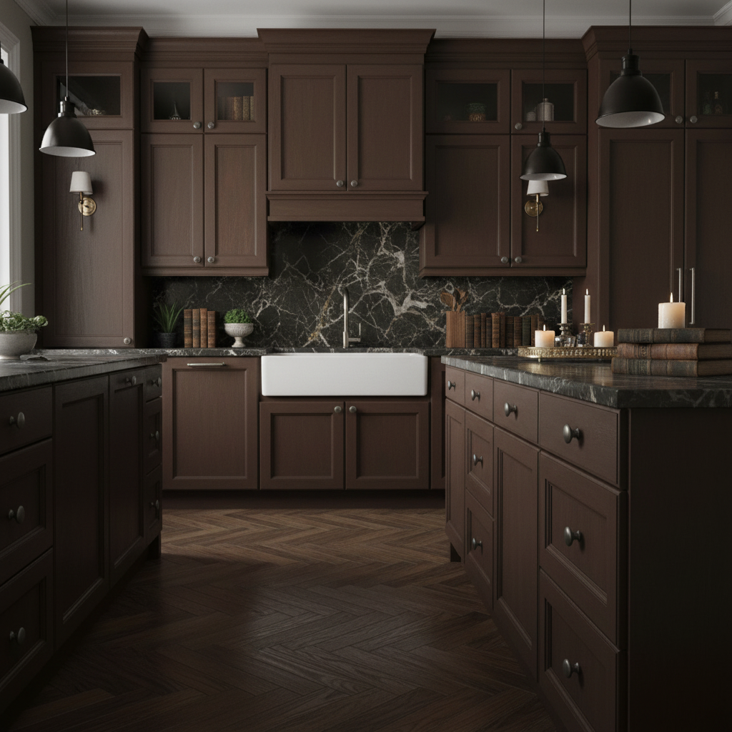 graphite round knobs installed in a Modern kitchen with dark wood cabinets and marble backsplash