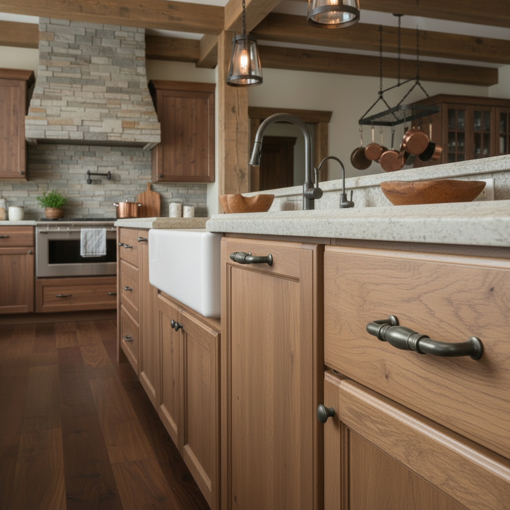 Graphite pulls installed on a rustic kitchen wooden cabinets, stone countertop, and stainless steel appliances.