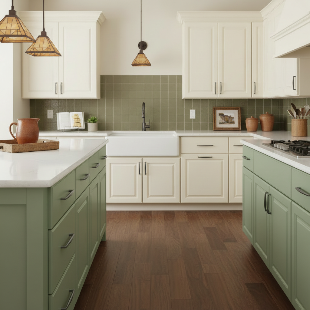 Graphite cabinet pulls in a Craftsman style kitchen with green and white cabinets, wooden floor, and white countertops.