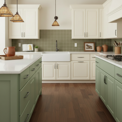 Graphite cabinet pulls in a Craftsman style kitchen with green and white cabinets, wooden floor, and white countertops.