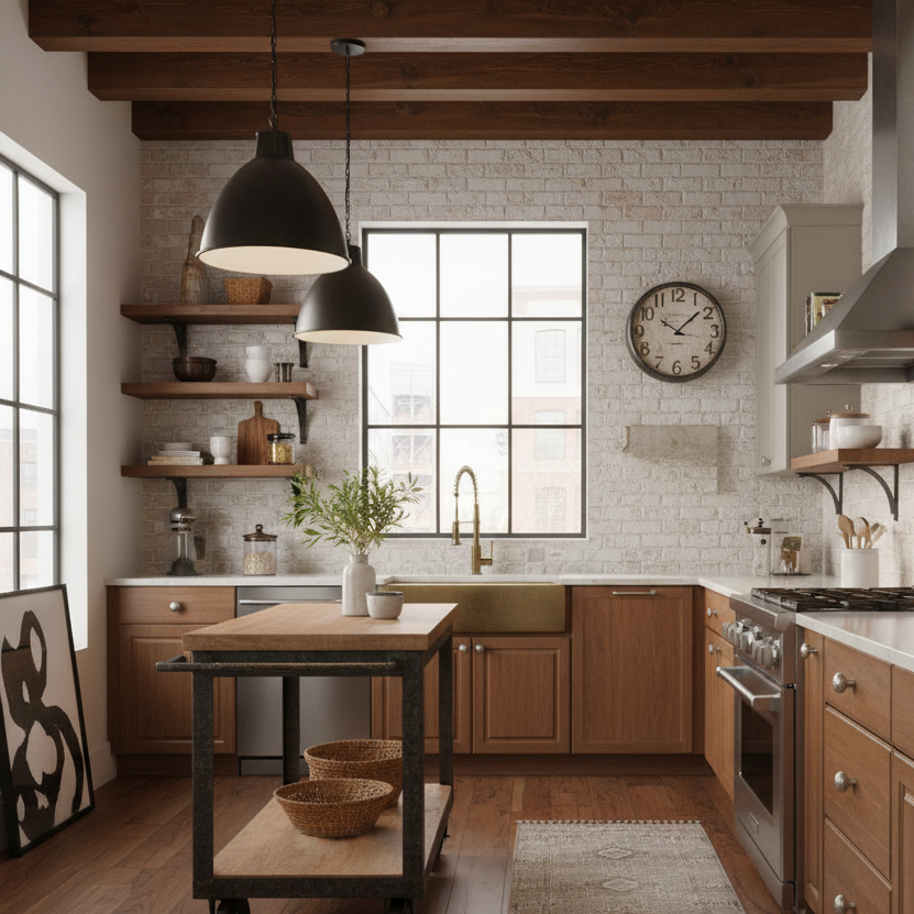 satin nickel round knobs in an urban modern kitchen with wooden cabinets, a brick wall, and pendant lights.