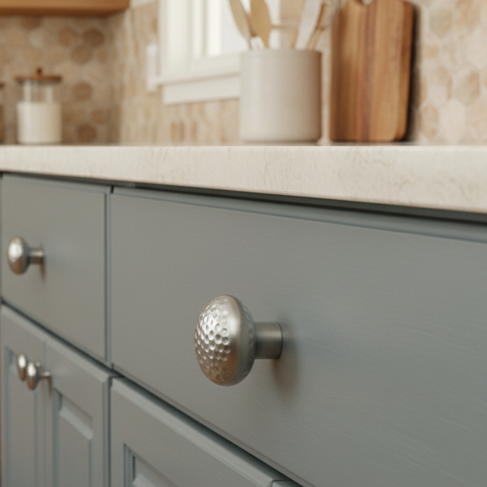 satin nickel cabinet knob with textured dimpled face on a blurred kitchen background