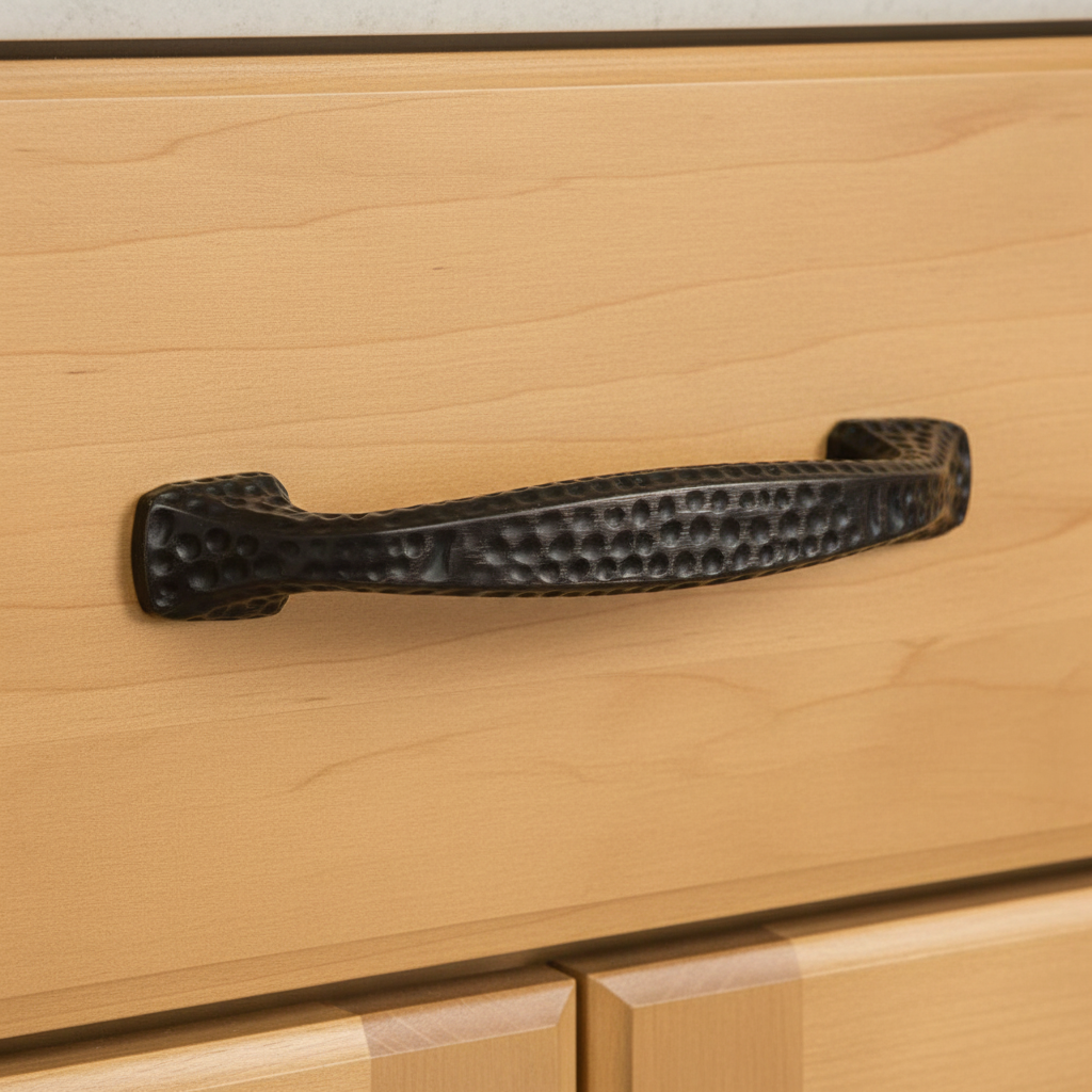 Hammered bronze cabinet handle on a wooden drawer