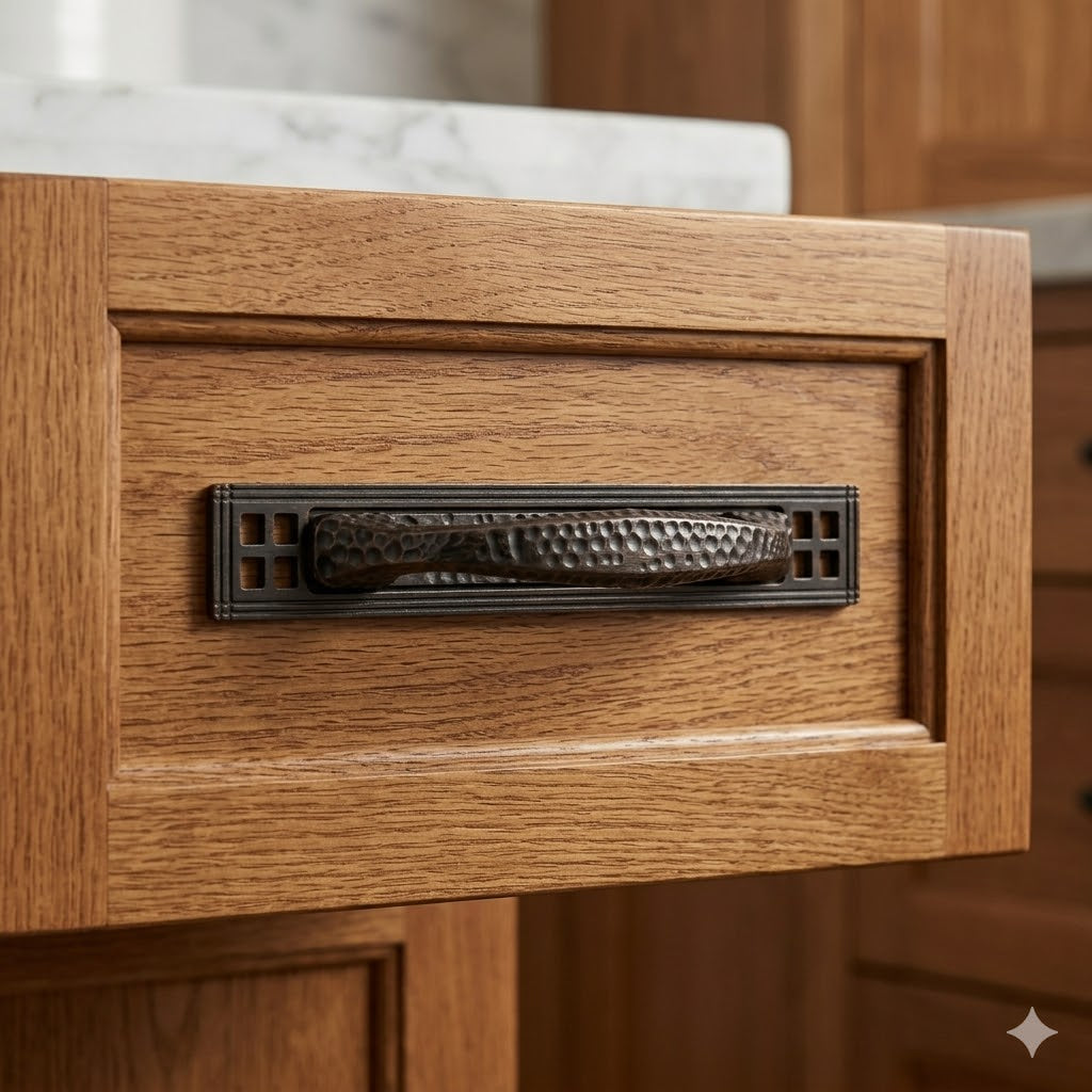 Wooden drawer with a decorative metal handle in a kitchen setting
