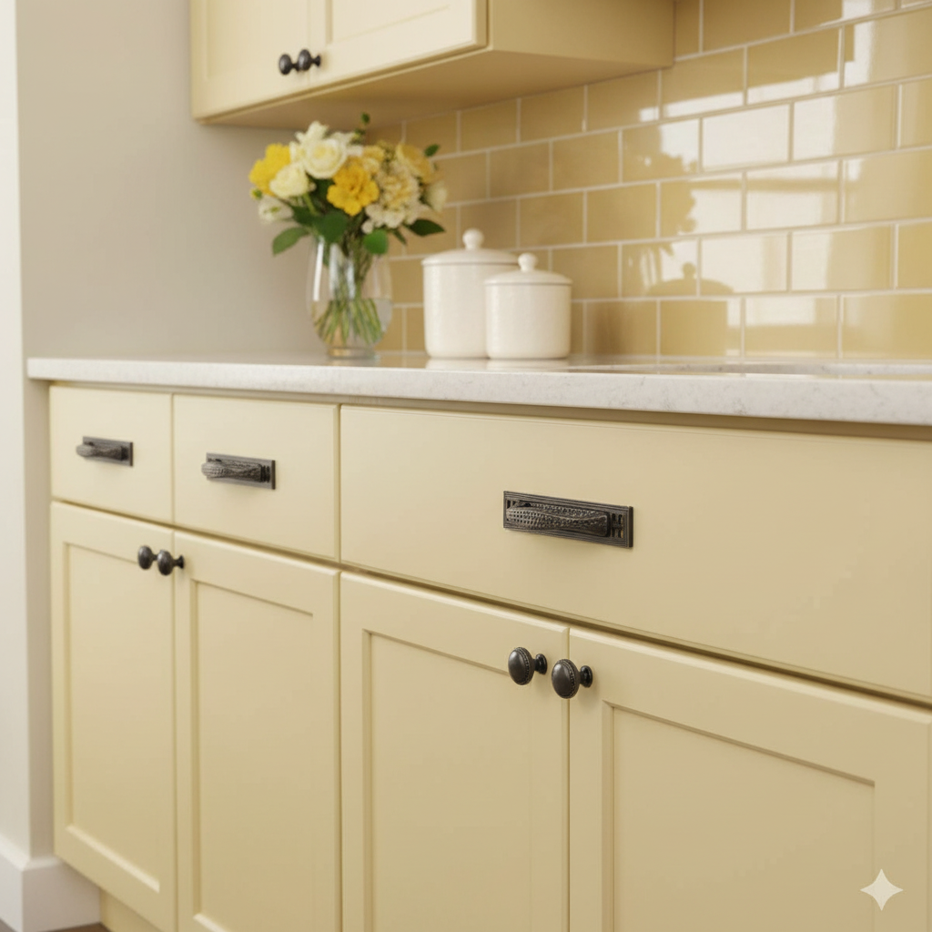 Wooden drawer with a decorative pull backplate and metal handle in a yellow kitchen 
