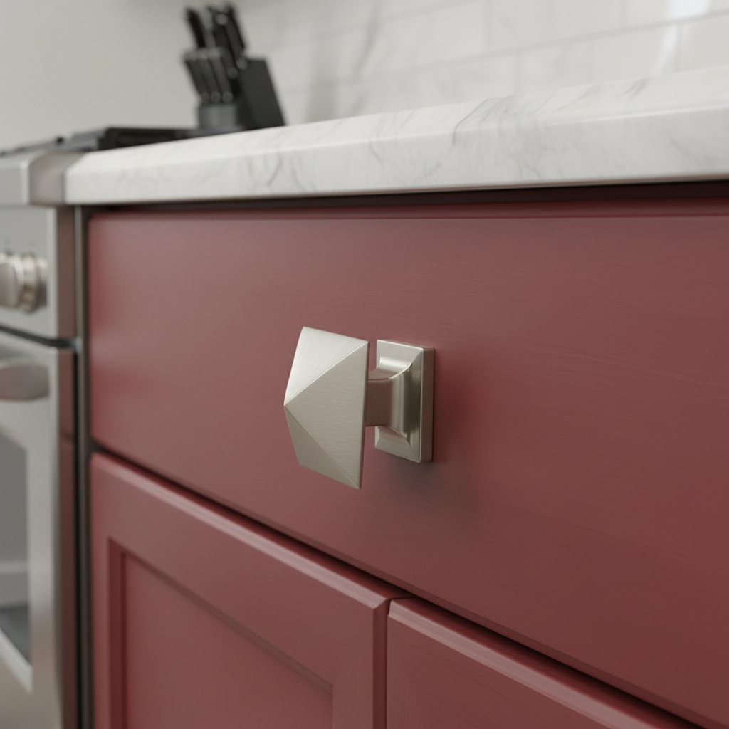 Close-up of a red kitchen cabinet with a silver geometric handle.
