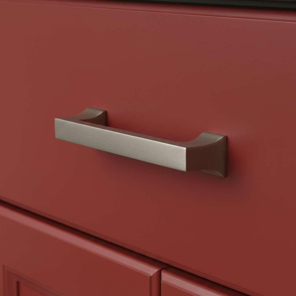 Metallic cabinet handle on a red cabinet