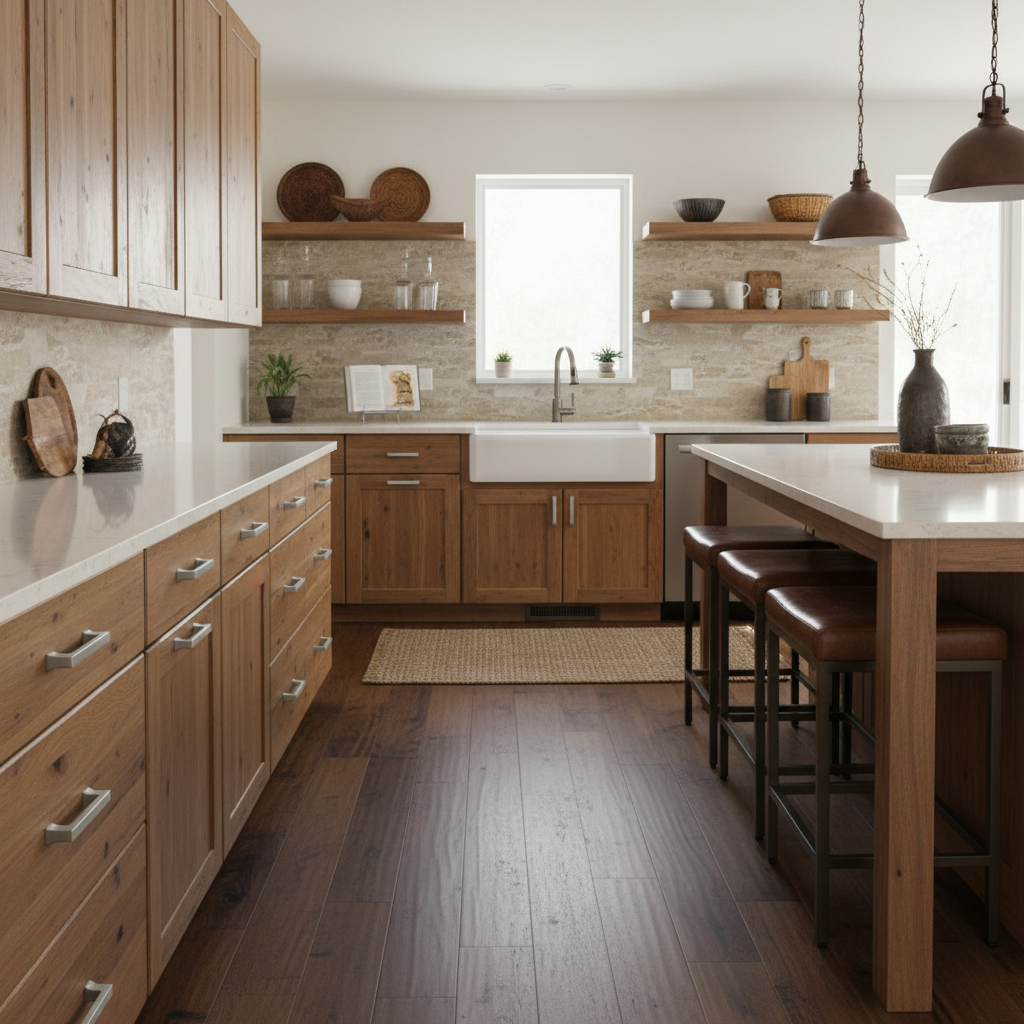 Modern kitchen with wooden cabinets, white countertops, and a island.