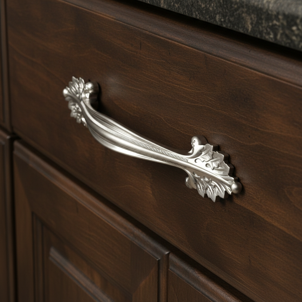 leaf cabinet drawer in satin nickel finish on a dark wood cabinet drawer