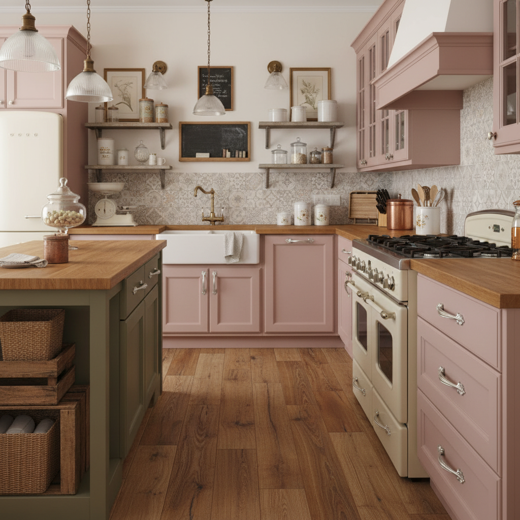 Brushed nickel leaf cabinet handle on a cozy antique kitchen with pink cabinets, wooden countertops, and white appliances.