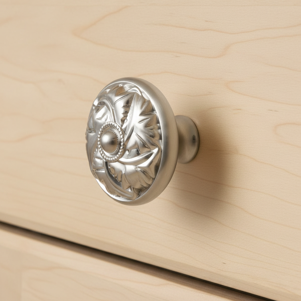Decorative silver cabinet knob on a wooden surface